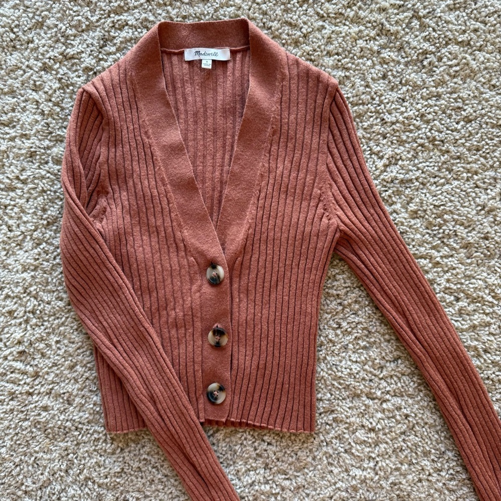 Madewell Ribbed Rust Orange Brenville Cropped
V-Neck Wool Cardigan Sweater Small
